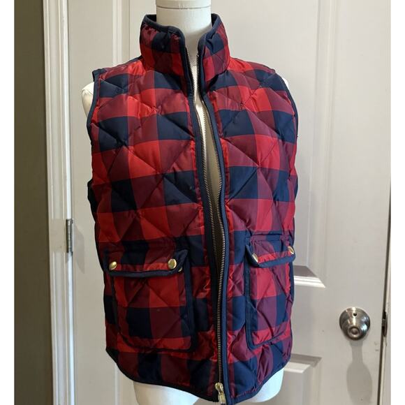 J Crew Down Fill Vest Women's PM Red Blue Full Zip Puffer w Pockets Quilted - Picture 1 of 3